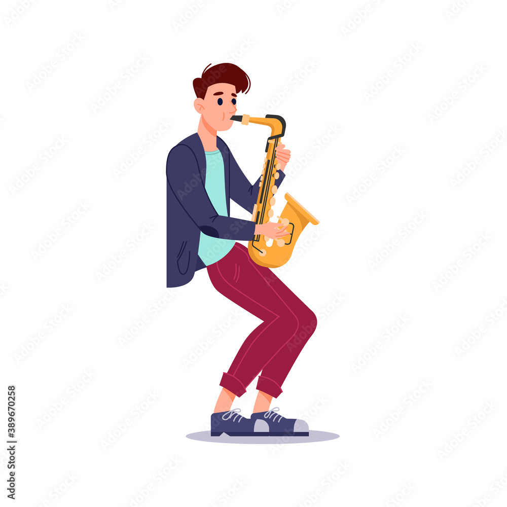 Guy plays saxophone isolated flat-cartoon musician. Vector saxophonist playing on blowing musical in