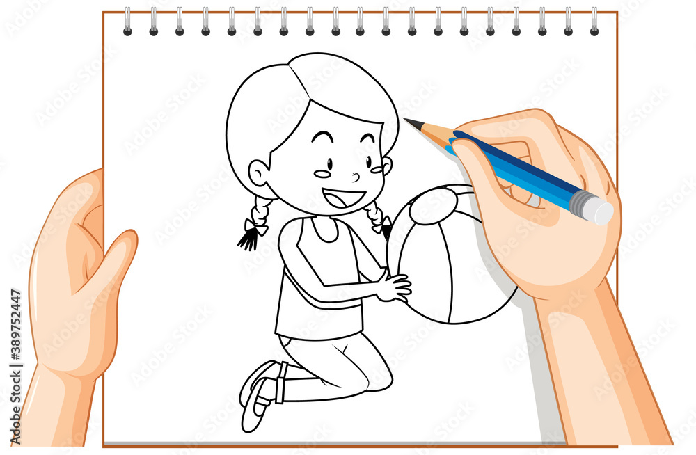 Hand writing of girl holding ball outline