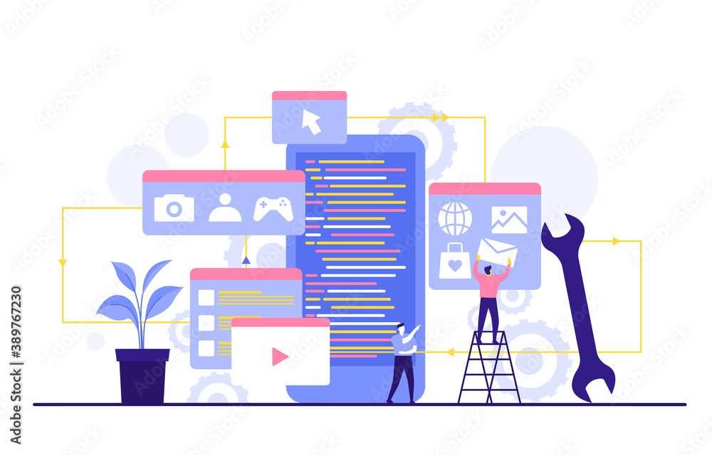 People Build Mobile App Development Process Flat Design Illustration