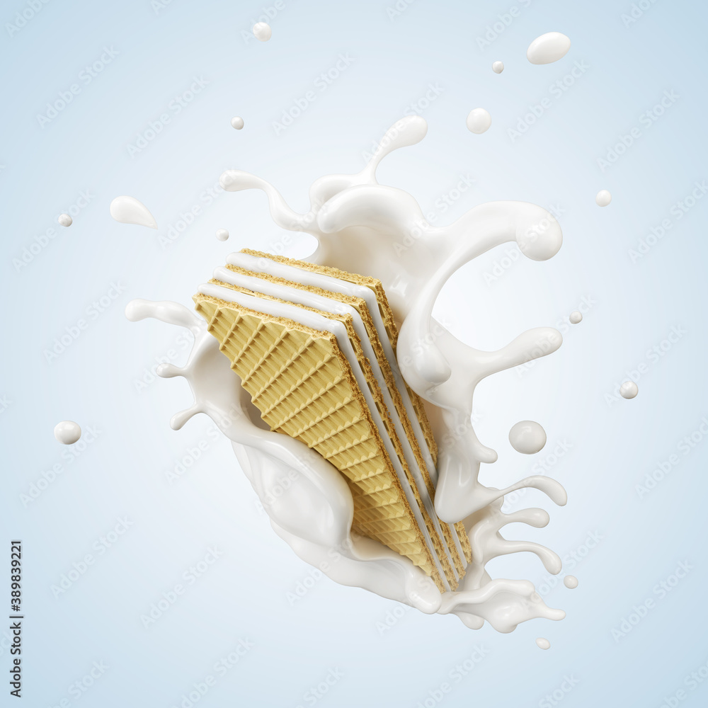 crispy wafer with Milk Splash, Waffle isolated on background