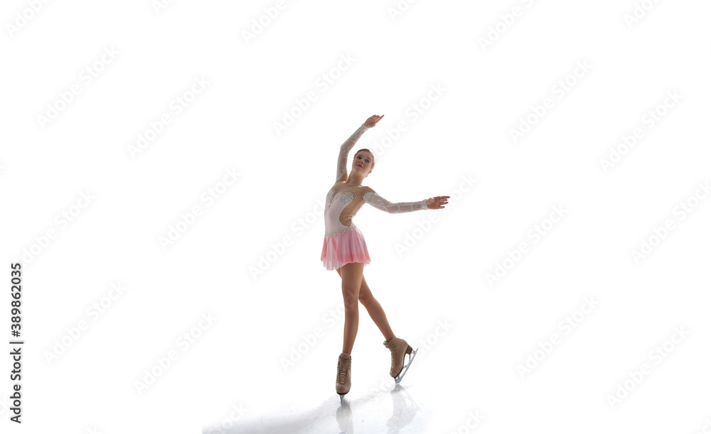 Figure skating girl in ice arena isolated on white.