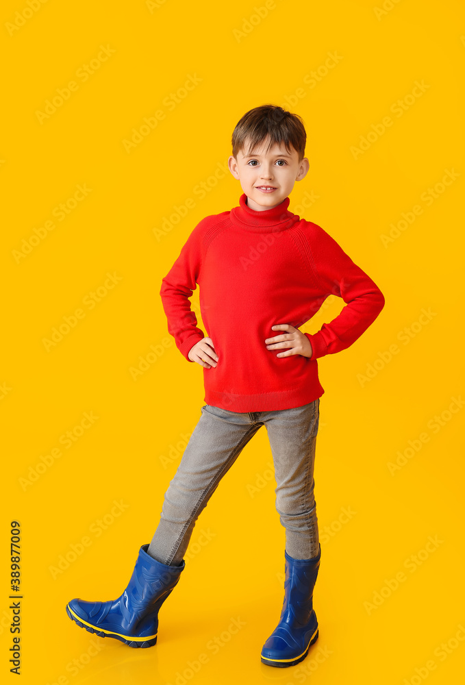 Cute little boy in autumn clothes on color background