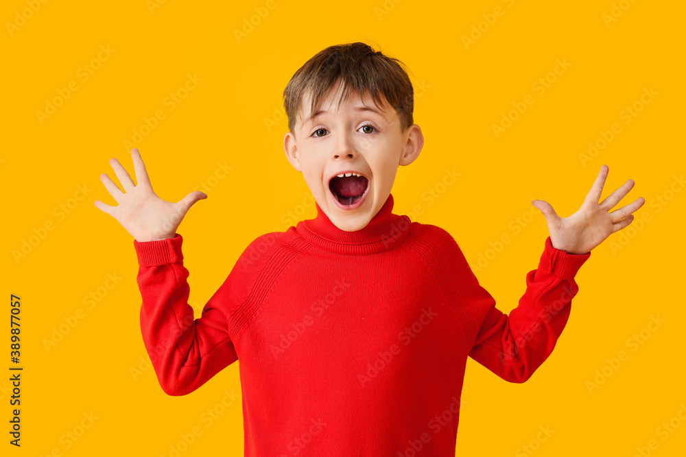 Happy little boy in autumn clothes on color background