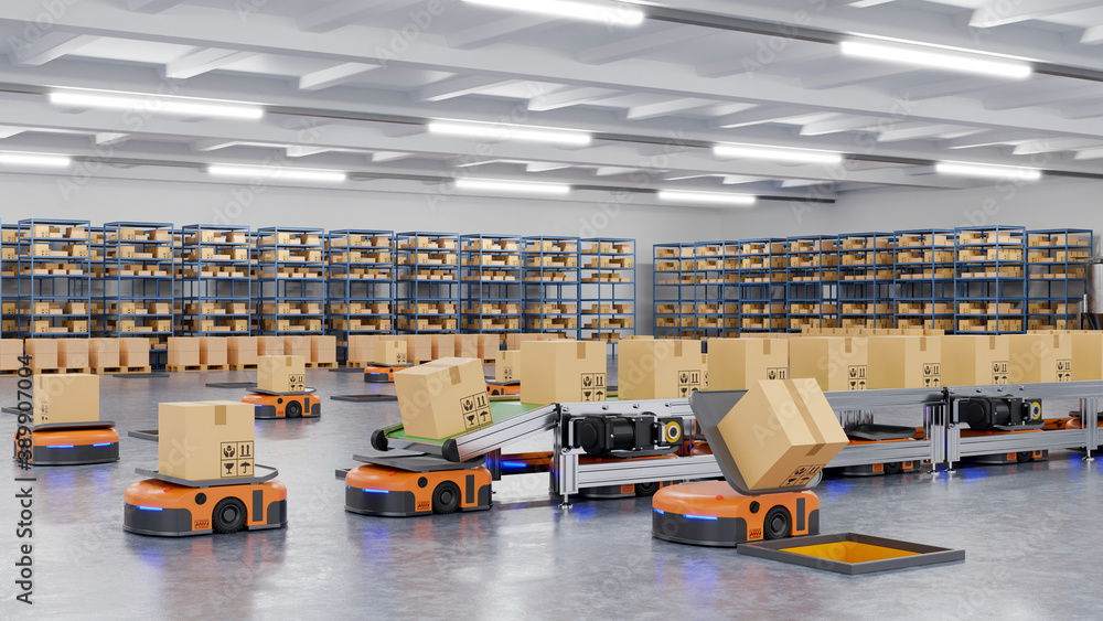 Robots efficiently sorting hundreds of parcels per hour(Automated guided vehicle) AGV.