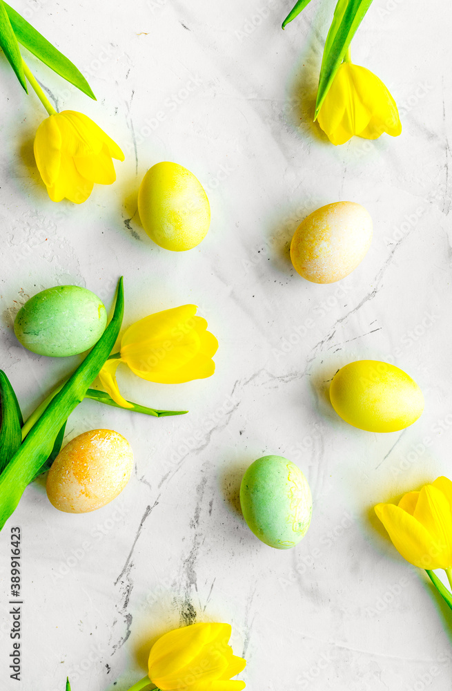 Easter concept eggs with tulip top view pattern