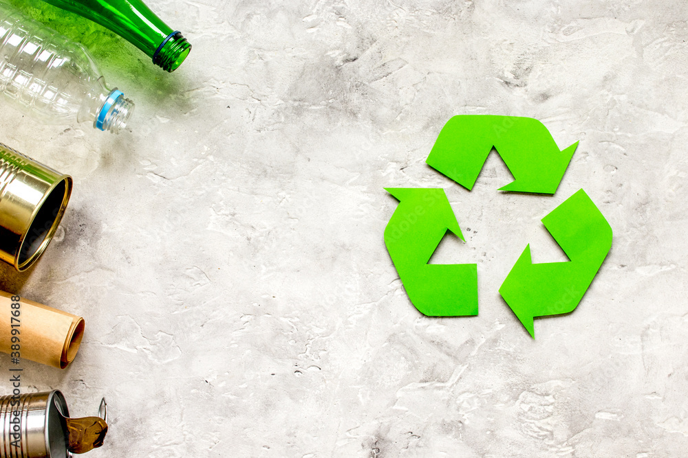 waste and recycling symbol in eco care on stone top view mock-up