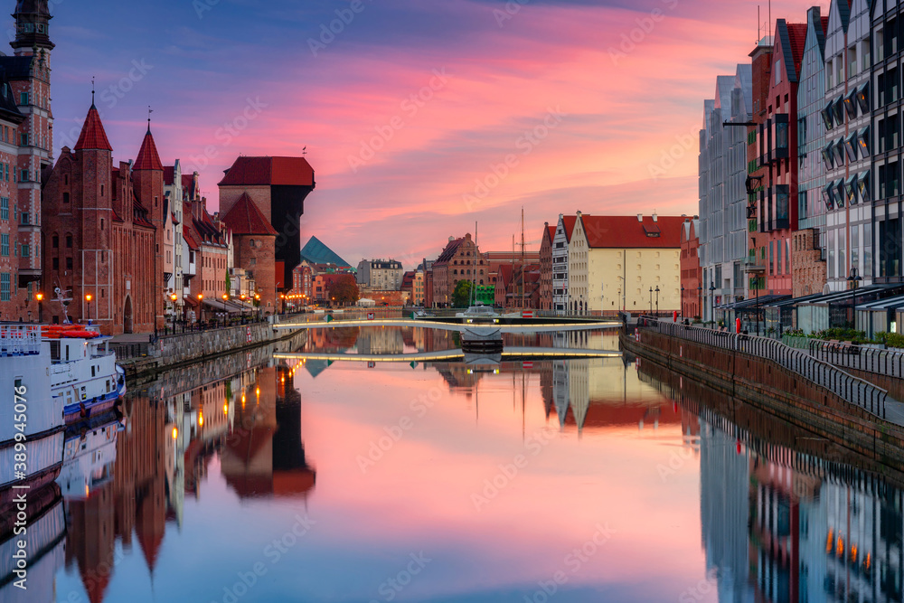 Gdansk with beautiful old town over Motlawa river at sunrise, Poland.