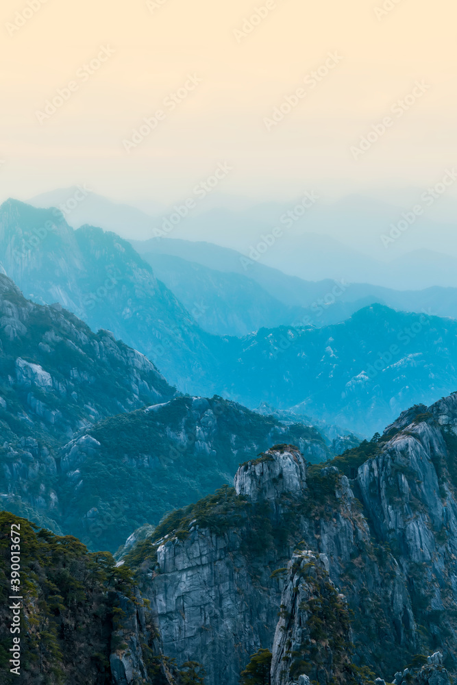 Landscape of Mount Huangshan (Yellow Mountains). UNESCO World Heritage Site. Located in Huangshan, A