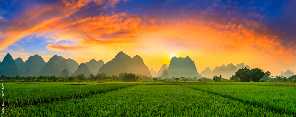 Green rice field and mountain natural scenery in Guilin,China.