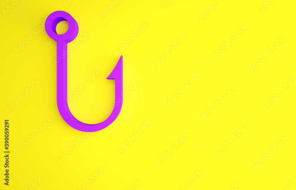 Purple Fishing hook icon isolated on yellow background. Fishing tackle. Minimalism concept. 3d illus