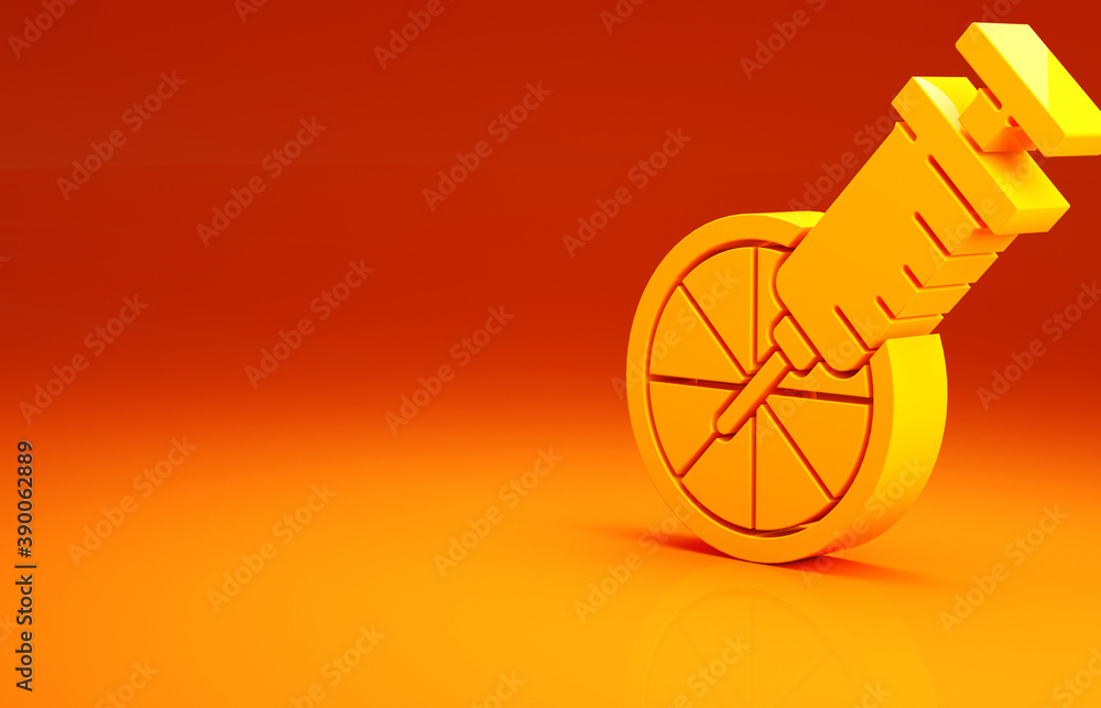 Yellow Genetically modified citrus fruit icon isolated on orange background. Orange in a cut. Health