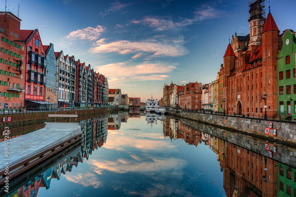 Gdansk with beautiful old town over Motlawa river at sunrise, Poland.