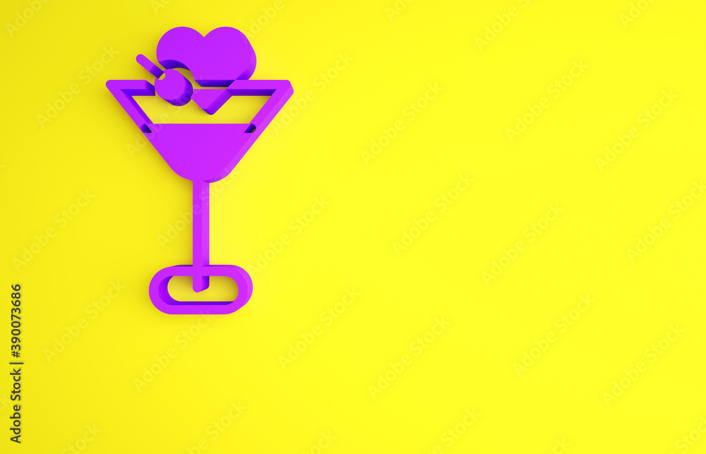 Purple Martini glass icon isolated on yellow background. Cocktail icon. Wine glass icon. Minimalism 