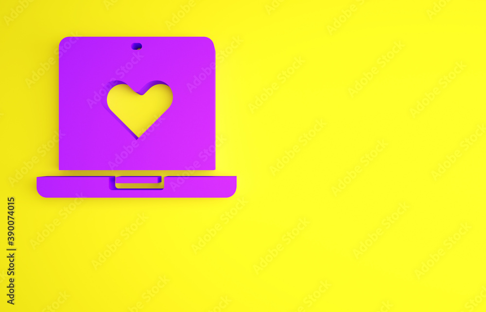 Purple Dating app online laptop concept icon isolated on yellow background. Female male profile flat