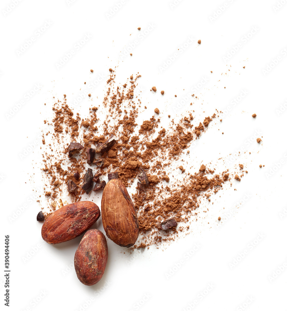 cocoa beans and powder isolated on white background