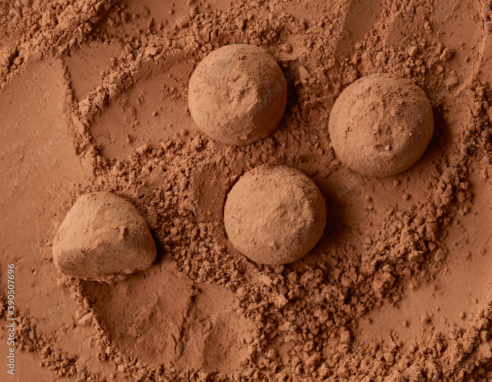 chocolate truffles on cocoa powder background