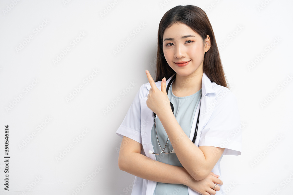 portrait asian female doctor smiling on white background