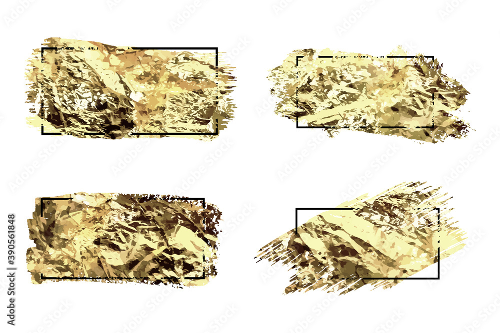 金色颜料涂抹笔划染色套装。抽象金色闪光纹理艺术插图。