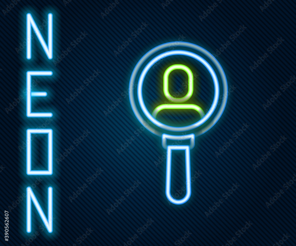 Glowing neon line Magnifying glass for search a people icon isolated on black background. Recruitmen