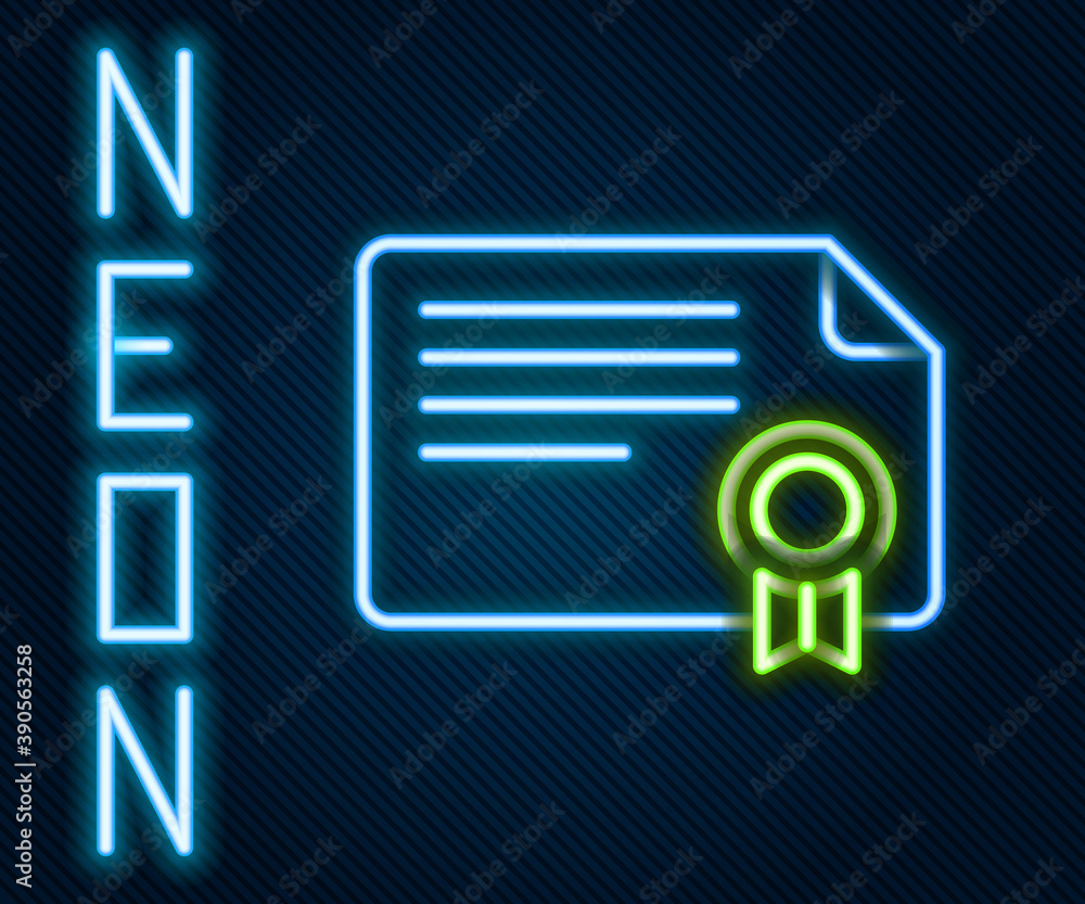 Glowing neon line Certificate template icon isolated on black background. Achievement, award, degree