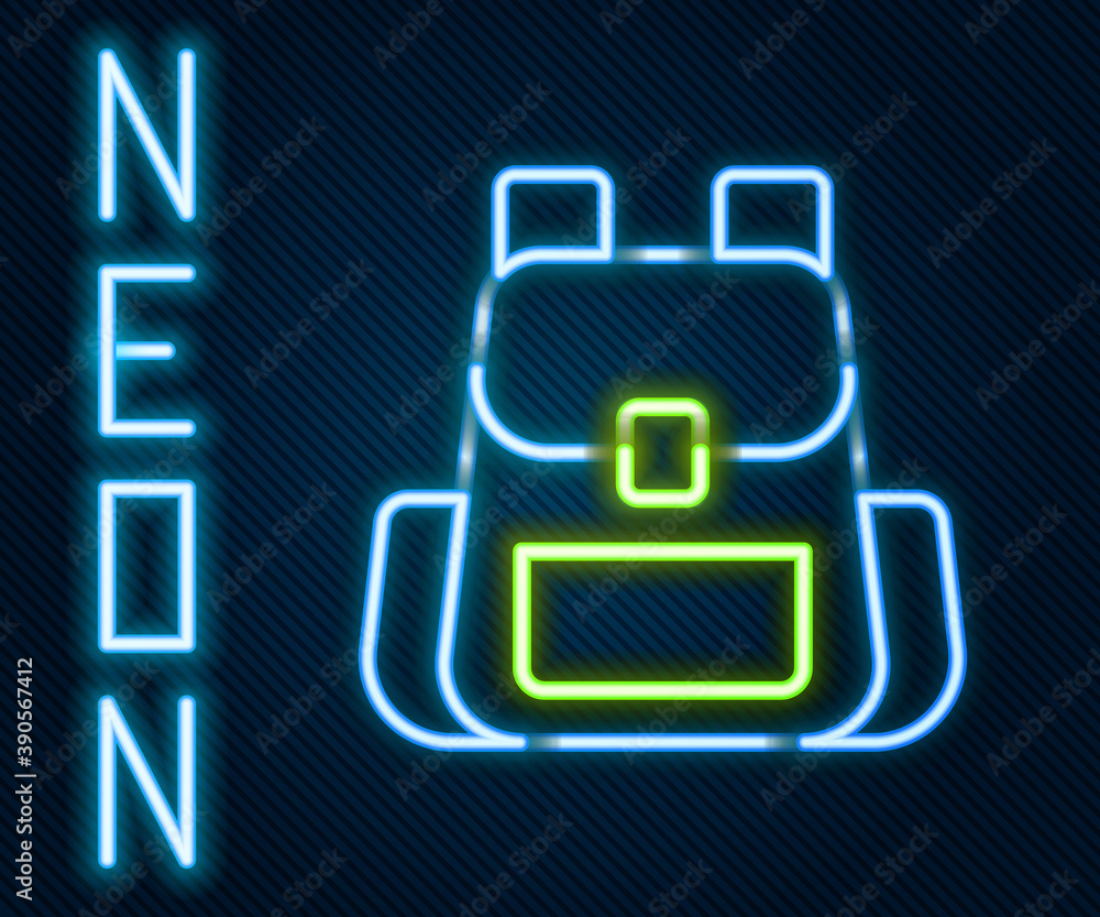 Glowing neon line Hiking backpack icon isolated on black background. Camping and mountain exploring 