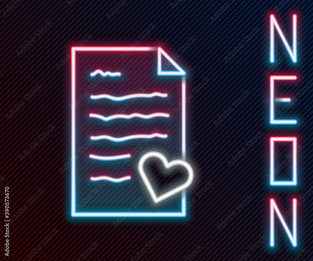 Glowing neon line Envelope with Valentine heart icon isolated on black background. Message love. Let