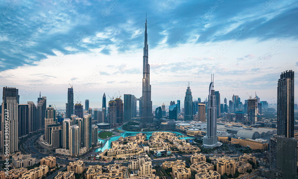 Dubai city center view at sunrise, United Arab Emirates