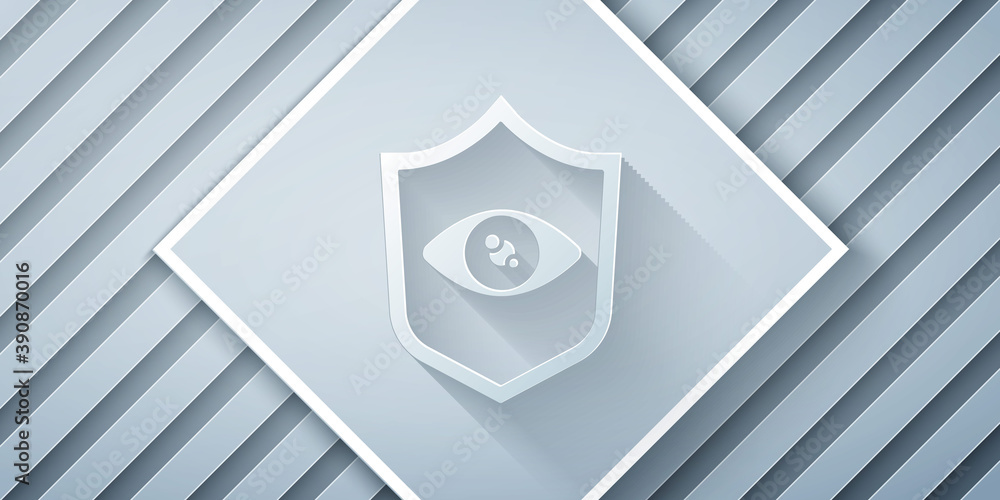 Paper cut Shield eye scan icon isolated on grey background. Scanning eye. Security check symbol. Cyb