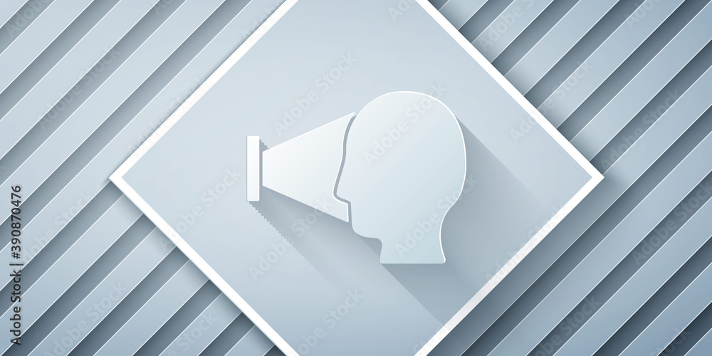 Paper cut Face recognition icon isolated on grey background. Face identification scanner icon. Facia