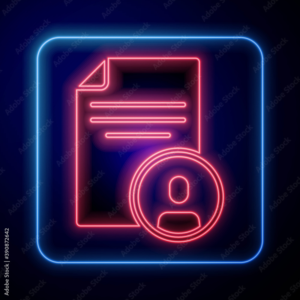 Glowing neon Resume icon isolated on blue background. CV application. Searching professional staff. 