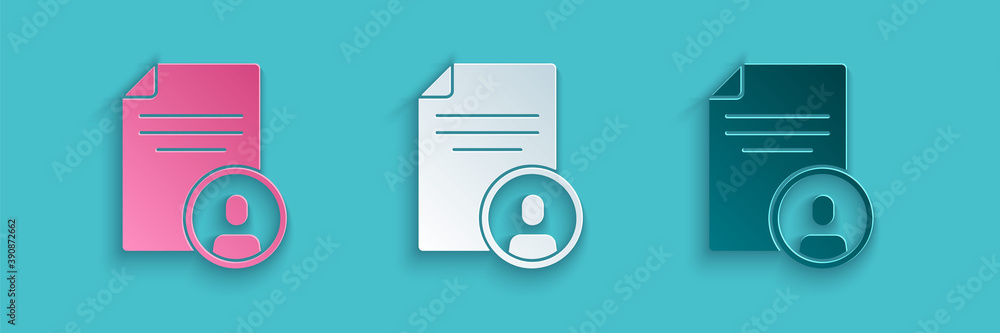 Paper cut Resume icon isolated on blue background. CV application. Searching professional staff. Ana