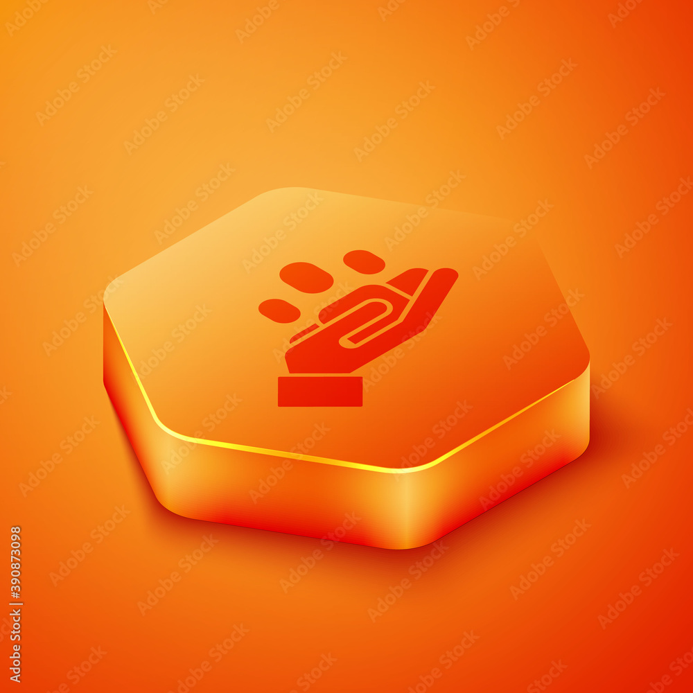 Isometric Hand for search一个隔离在橙色背景上的人物图标。招聘或选择conc