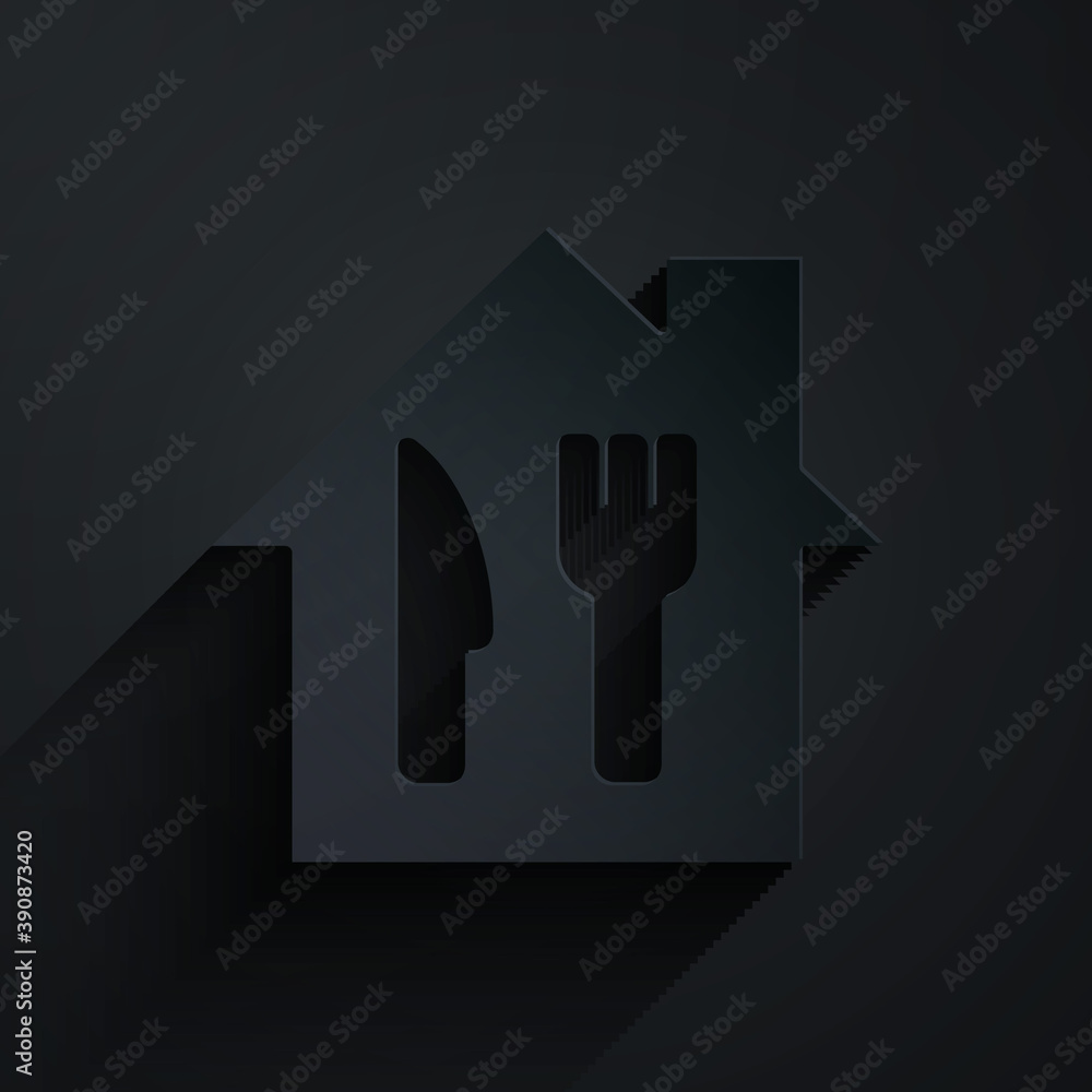 Paper cut Online ordering and fast food delivery icon isolated on black background. Paper art style.