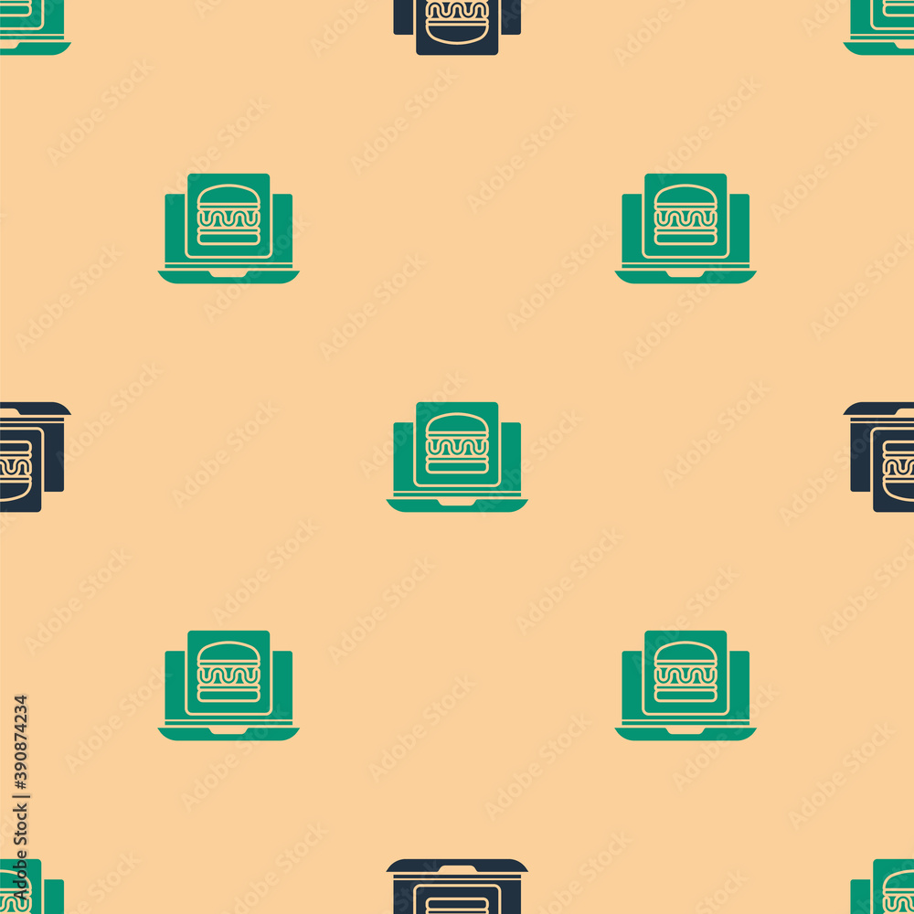 Green and black Online ordering and burger delivery icon isolated seamless pattern on beige backgrou