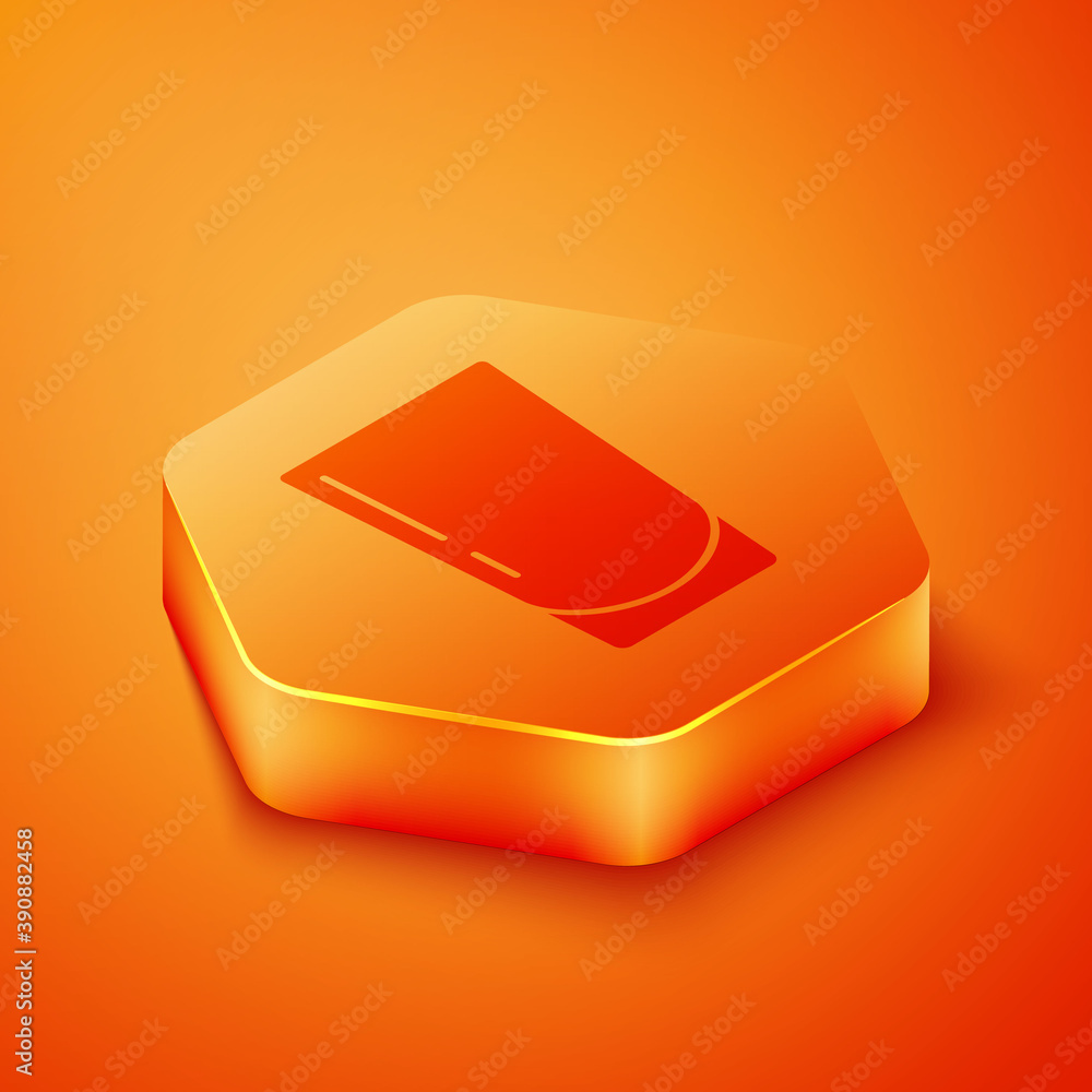 Isometric Glass with water icon isolated on orange background. Soda glass. Orange hexagon button. Ve