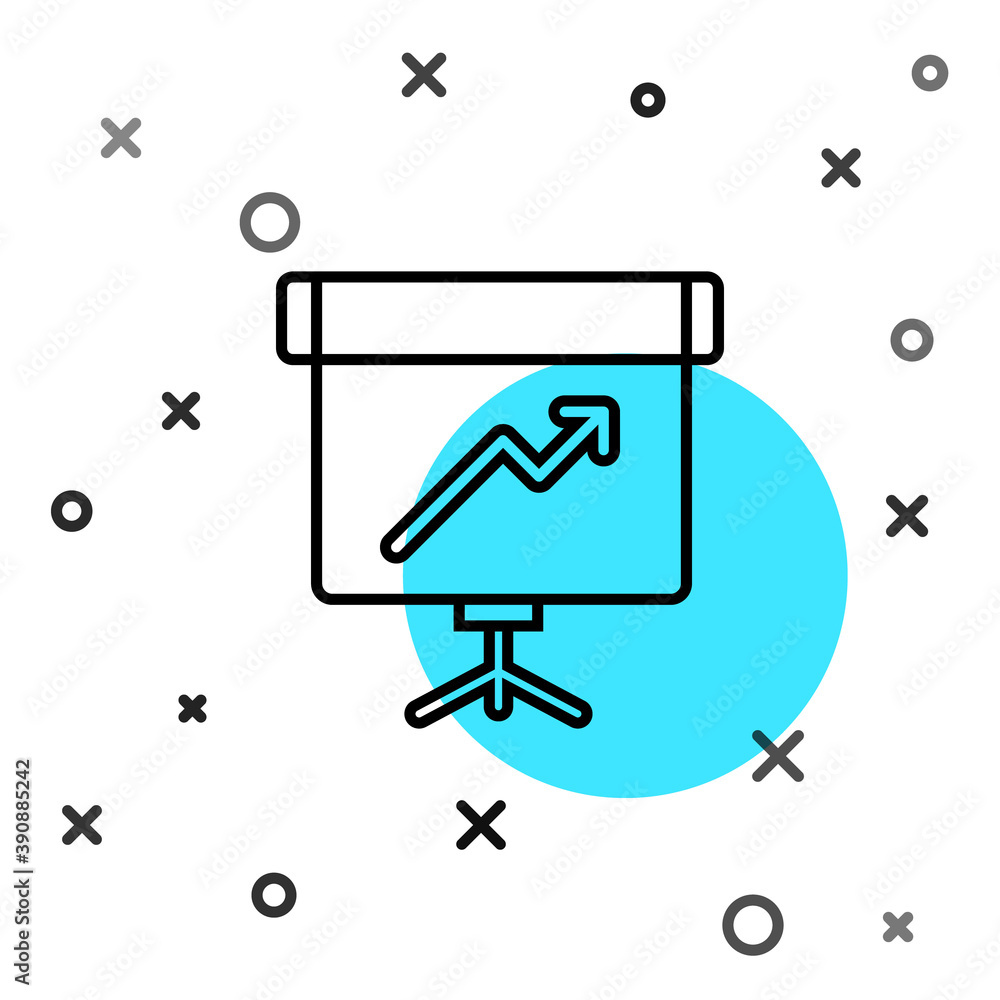 Black line Presentation board with graph, schedule, chart, diagram, infographic, pie graph icon isol