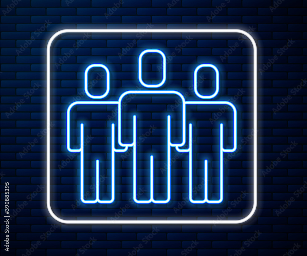 Glowing neon line Users group icon isolated on brick wall background. Group of people icon. Business