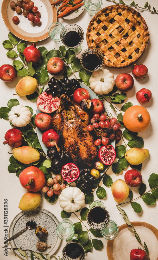 Autumn Thanksgiving, Friendsgiving, family party gathering celebration table setting. Flat-lay of Fa