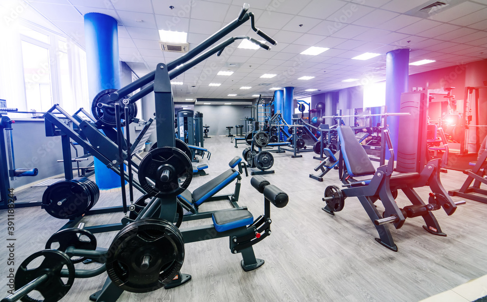 Interior of modern gym with dumbbells and adjustable versatile weight benches. No people. Modern fit