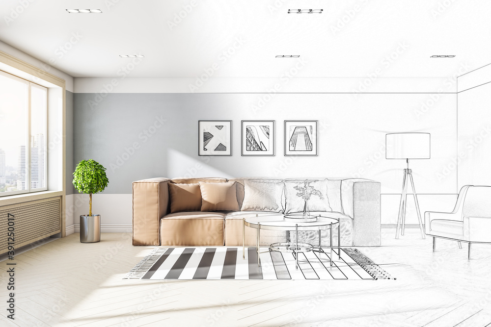 Drawing living room interior design with sofa