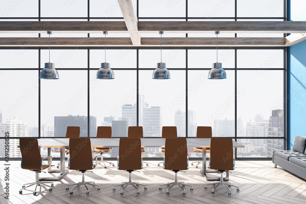 Modern meeting room interior with furniture, panoramic city view