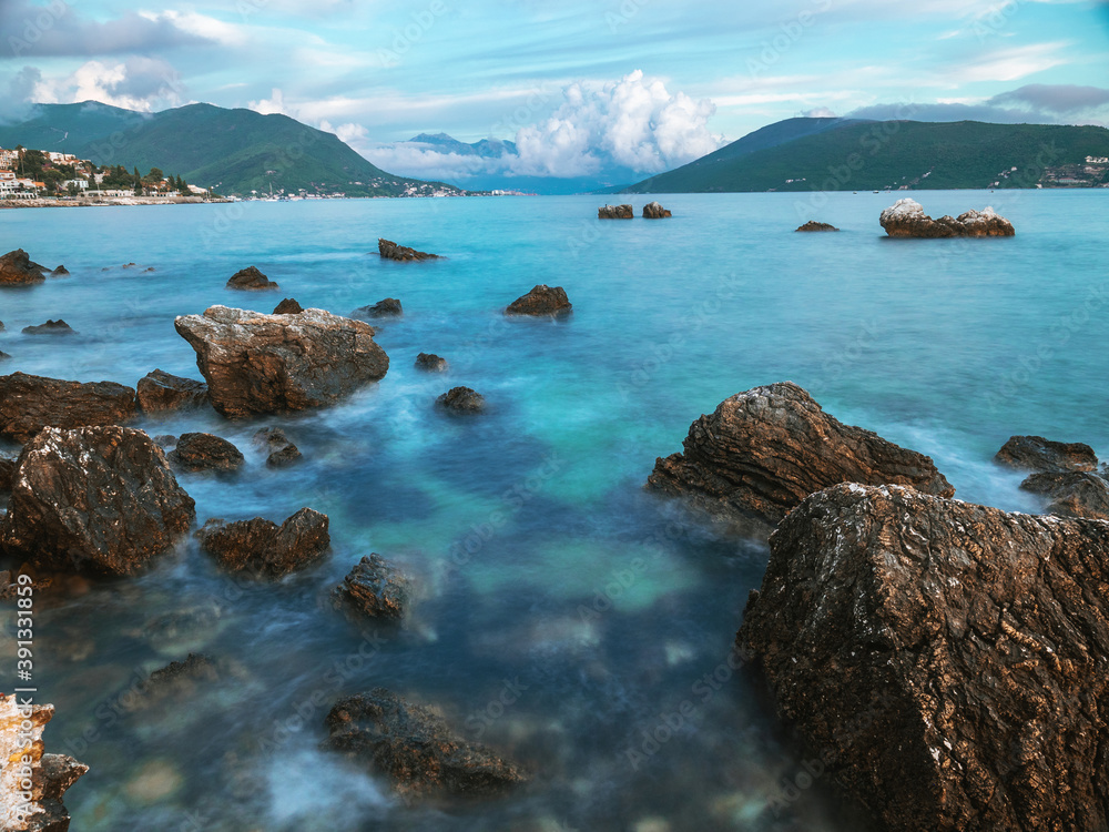 Long exposure photo of stone seashore in the Adriatic sea