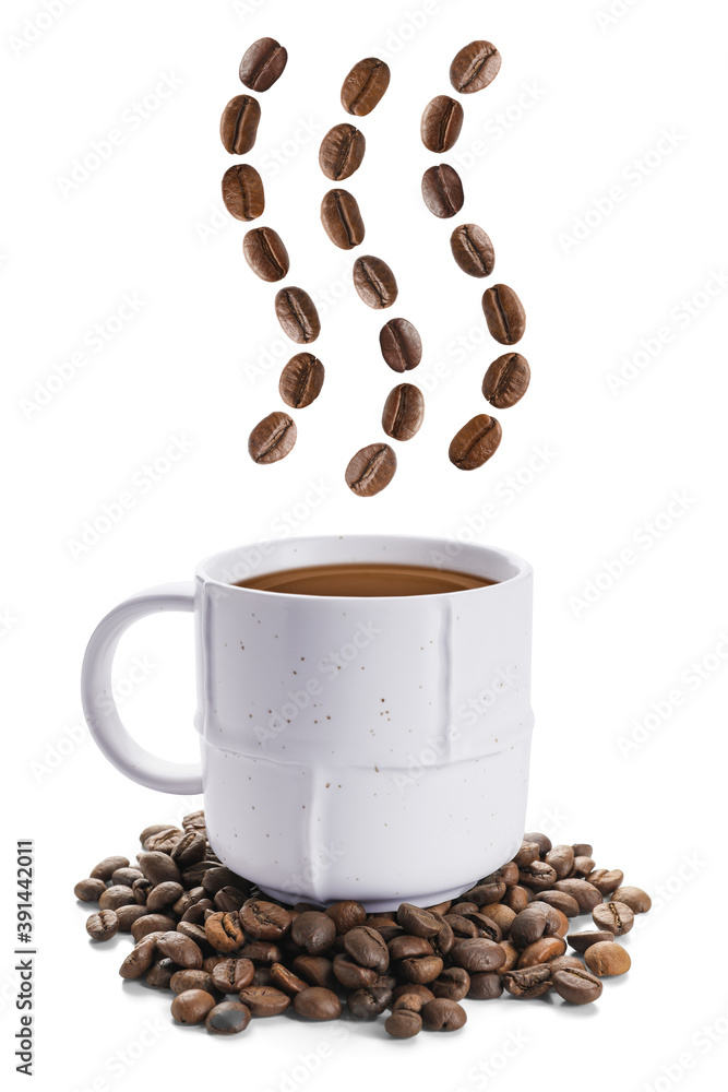 Cup of hot drink and flying roasted coffee beans on white background