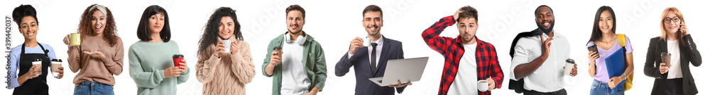 Different people with cups of coffee on white background