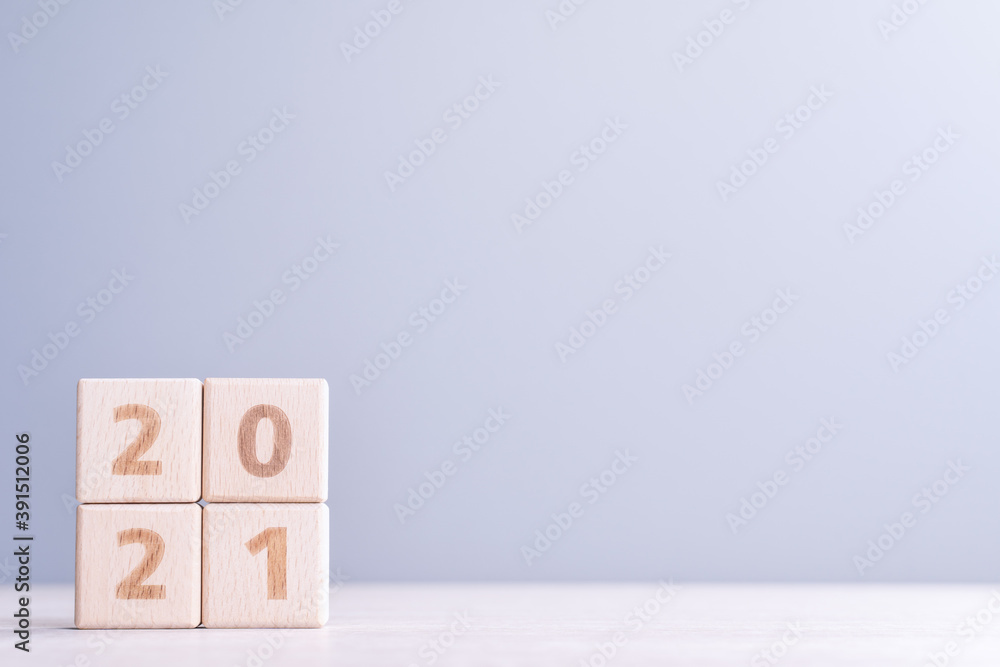 2021 New year abstract design concept by wooden blocks with copy space.