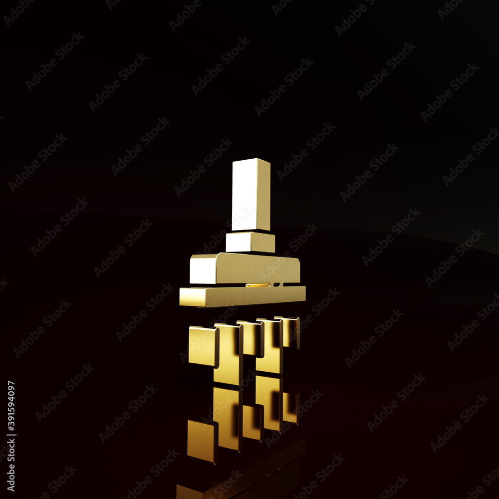 Gold Shower head with water drops flowing icon isolated on brown background. Minimalism concept. 3d 