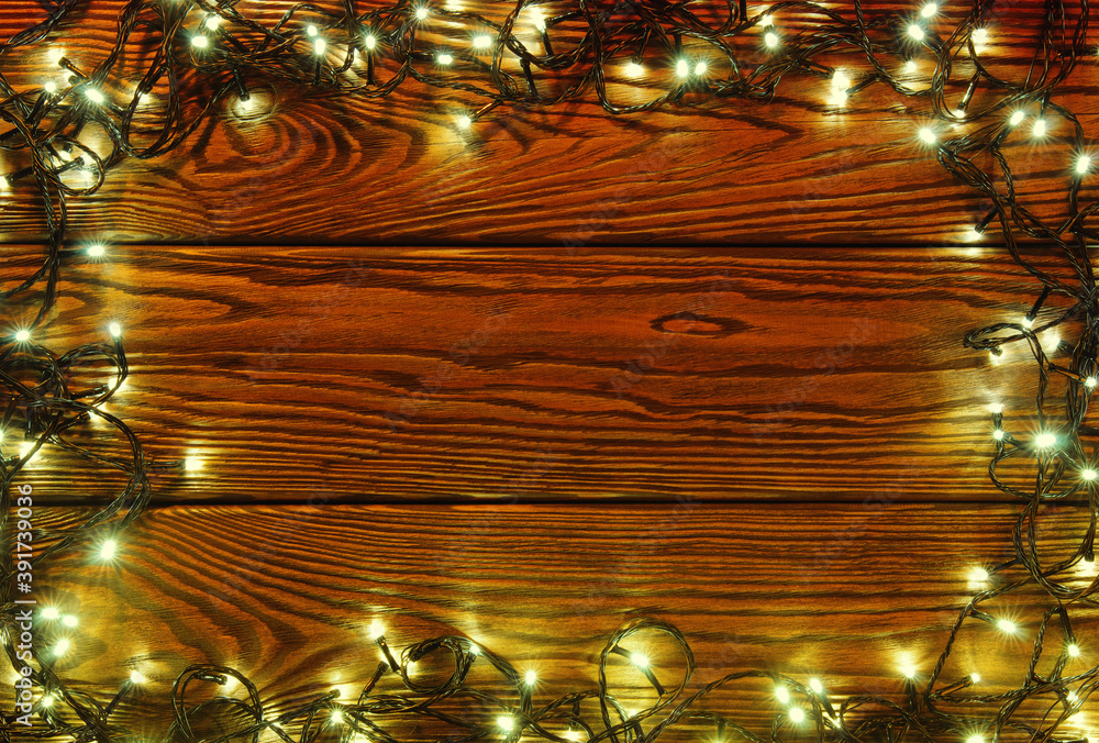 Christmas  background - vintage planked wood with lights