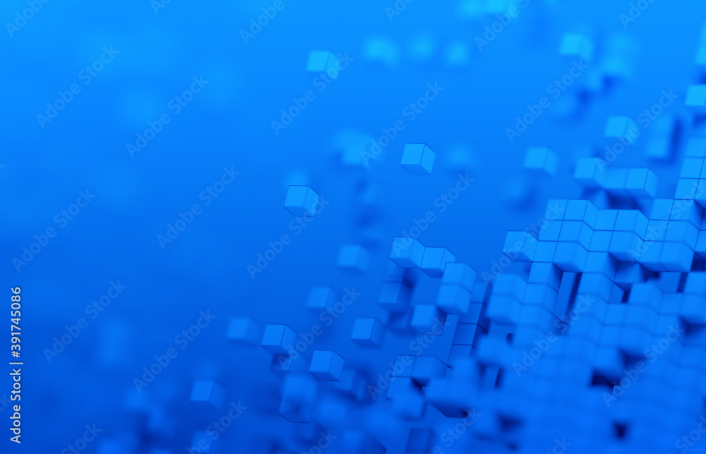 Abstract 3d render, blue geometric background design with cubes, big data concept