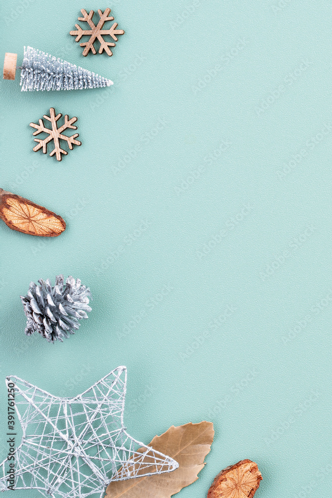 Top view of Christmas holiday background. Composition of festive ornament decor flatlay.