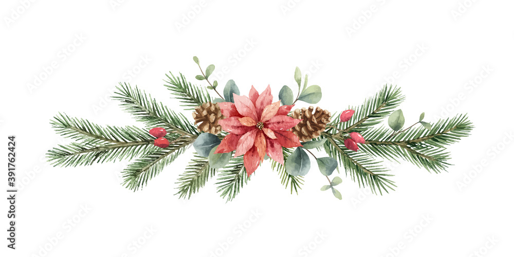 Watercolor vector Christmas wreath with fir branches, poinsettia and eucalyptus.